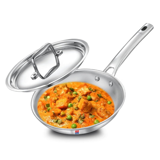 Prestige Tri-Ply Stainless Steel Splendid Fry Pan with Lid|Gas and Induction Compatible|Even Heat Distribution| Thick Gauge Tri-Ply Body|15 Year Warranty