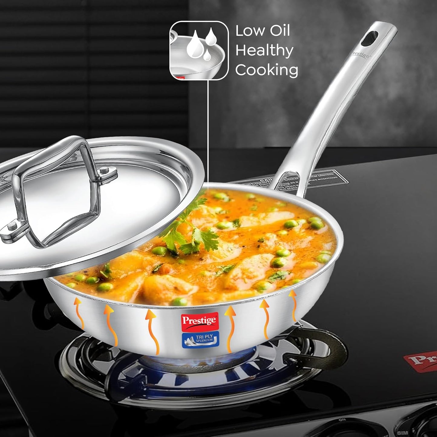 Prestige Tri-Ply Stainless Steel Splendid Fry Pan with Lid|Gas and Induction Compatible|Even Heat Distribution| Thick Gauge Tri-Ply Body|15 Year Warranty