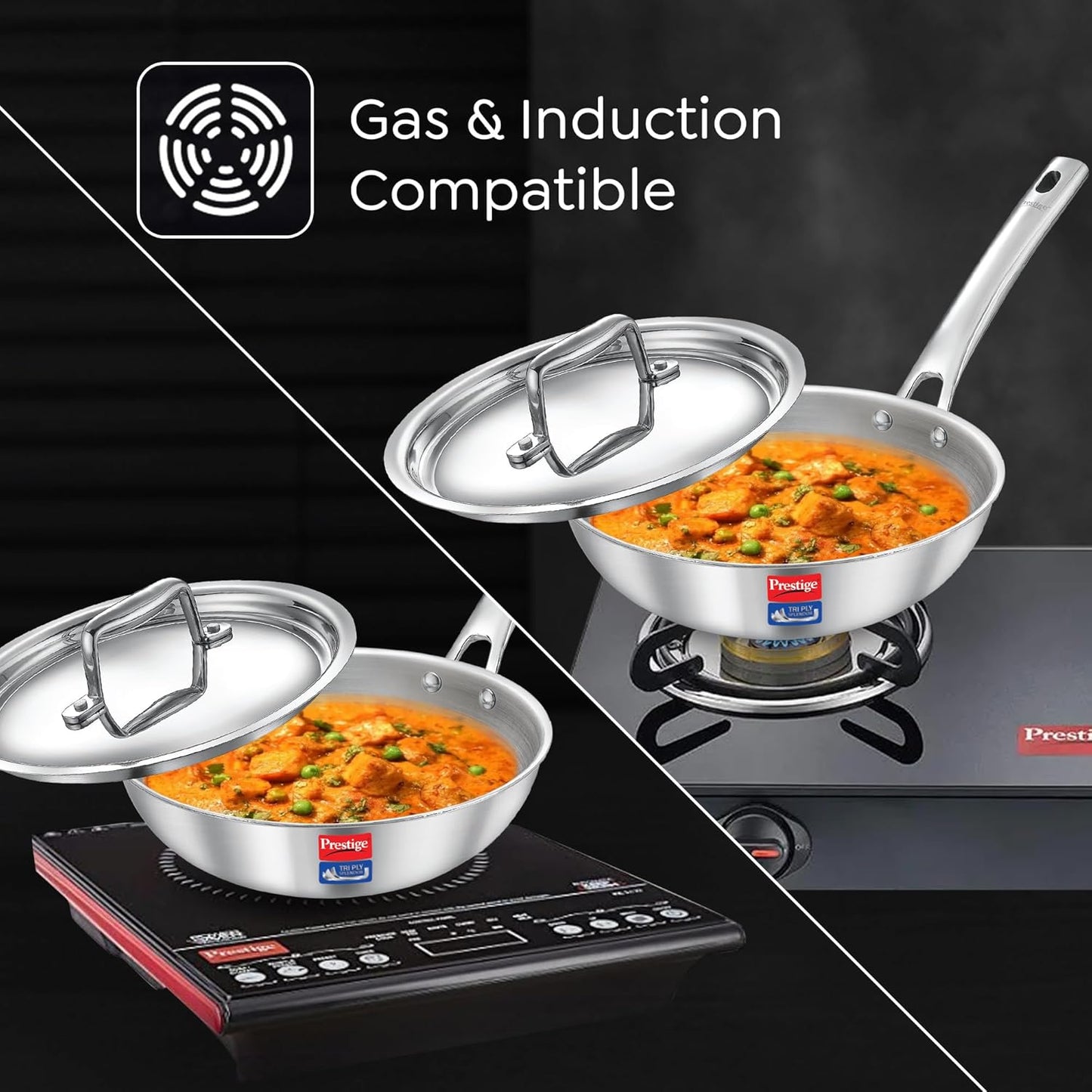 Prestige Tri-Ply Stainless Steel Splendid Fry Pan with Lid|Gas and Induction Compatible|Even Heat Distribution| Thick Gauge Tri-Ply Body|15 Year Warranty