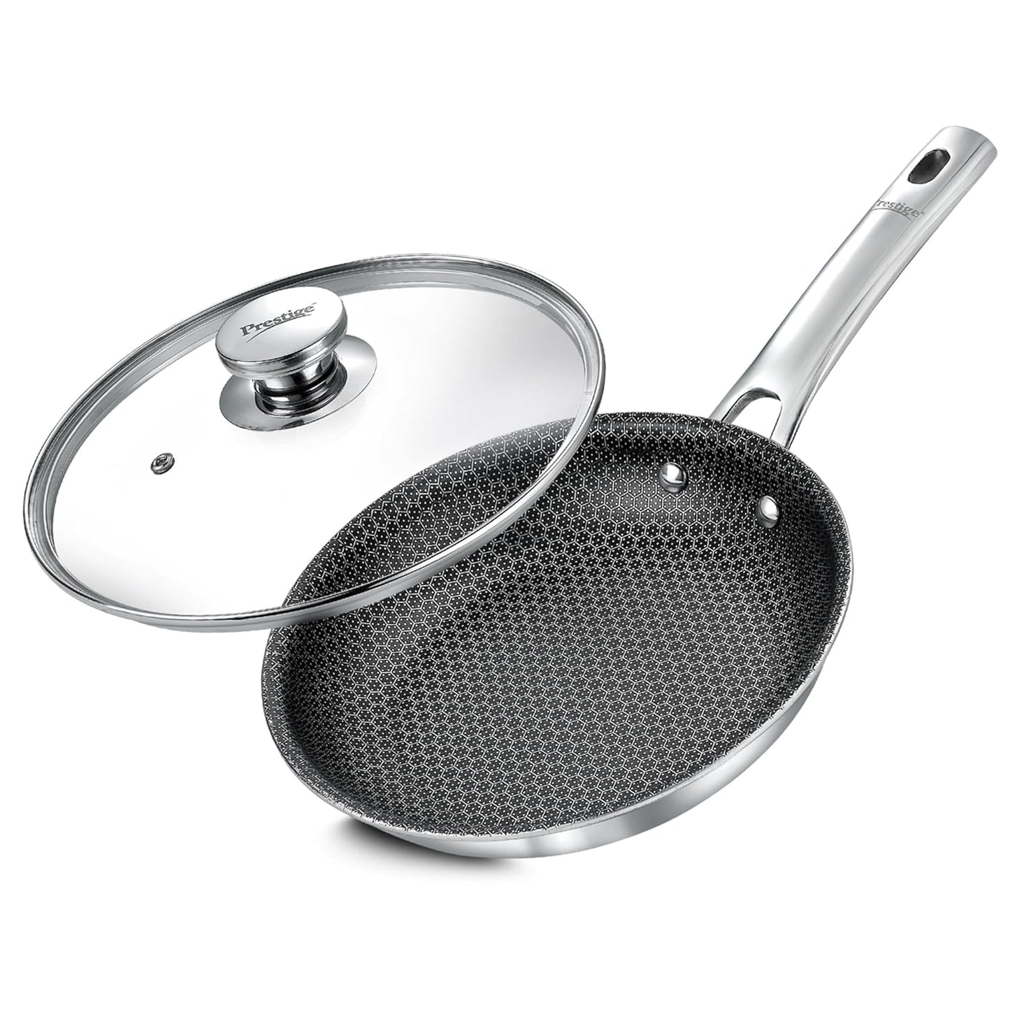 Prestige 24cm/1.7L Tri-Ply Stainless Steel Hexamagic Fry Pan with Lid|Honeycomb Structure|Durability of Triply|Metal Spoon Friendly|Gas & Induction Compatible|Dishwasher Safe|Low Oil Consumption|Grey