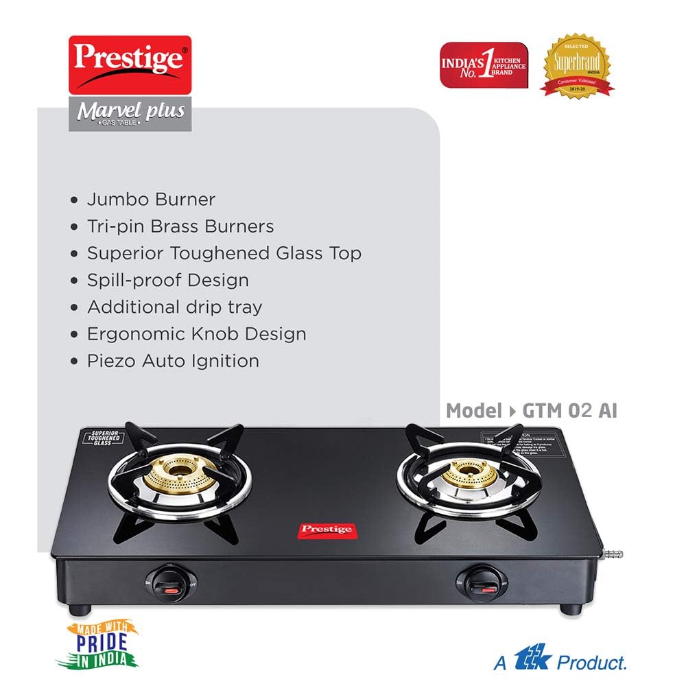 Prestige Marvel Plus Auto Ignition 2 Burner Glass top GTM 02 AI Black