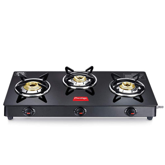 Prestige Marvel Plus Auto Ignition 3 Burner Glass Top Gas Stove, GTM 03 AI, Black