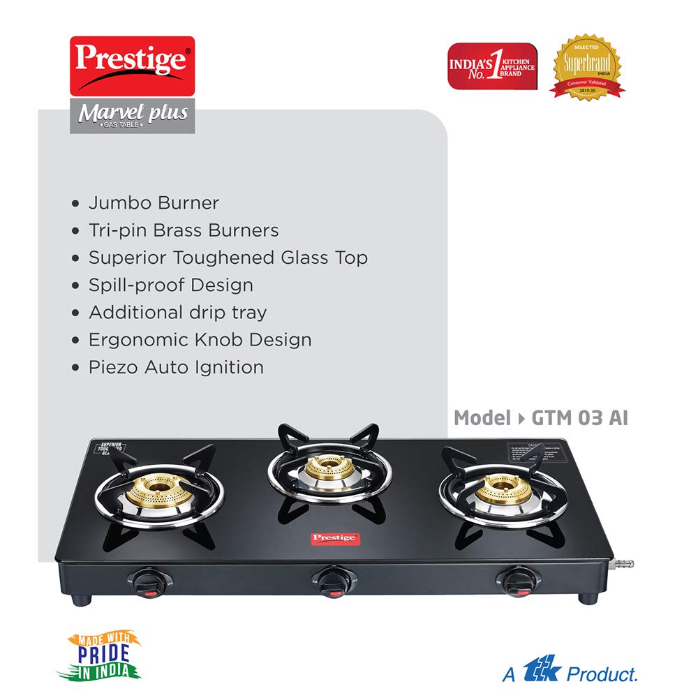 Prestige Marvel Plus Auto Ignition 3 Burner Glass Top Gas Stove, GTM 03 AI, Black