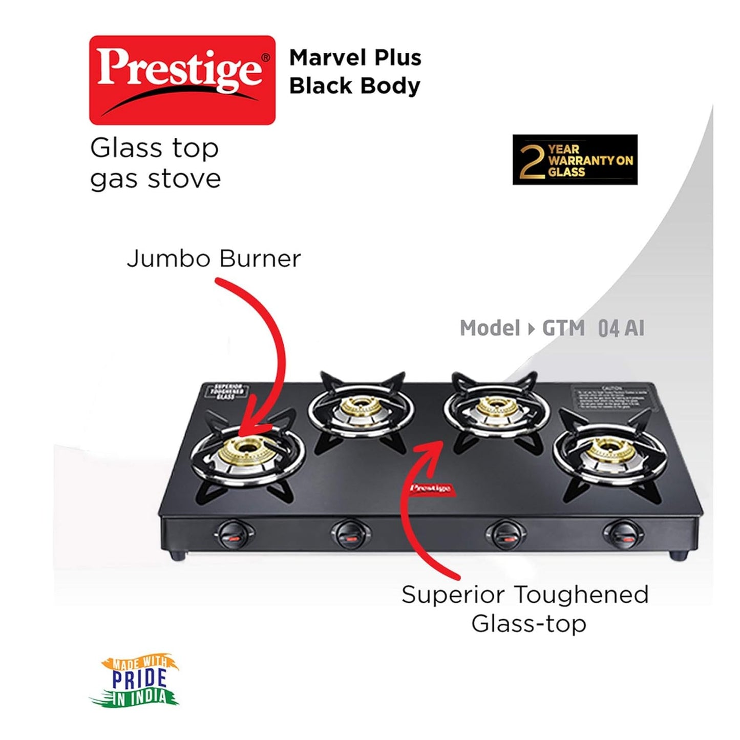 Prestige Marvel Plus Gas Stove GTM 04 - Black, Manual, 4 Burner