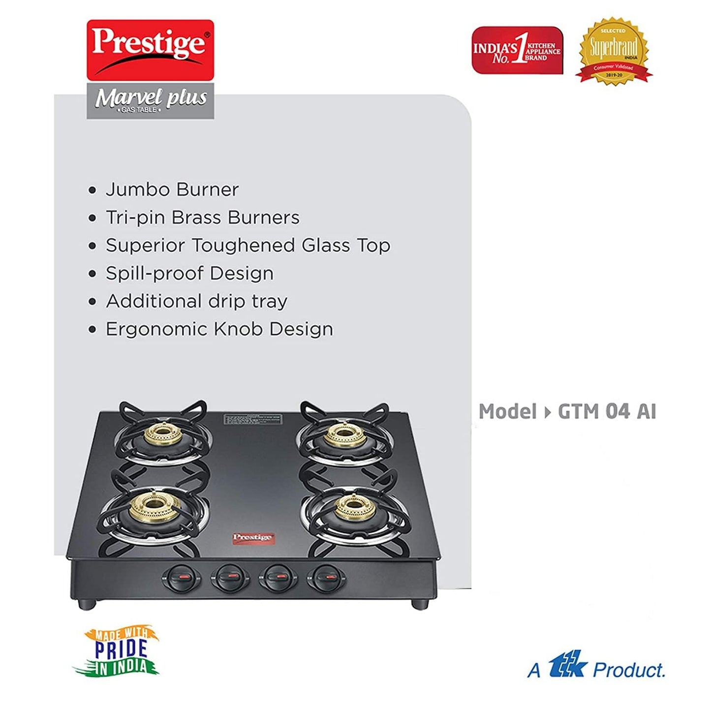 Prestige Marvel Plus 4 Burner Glass Top Gas Stove, GTM 04, Black, Manual