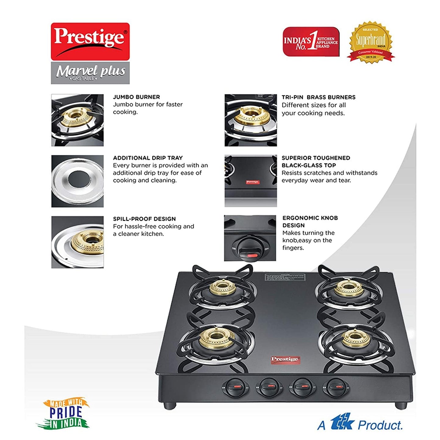 Prestige Marvel Plus 4 Burner Glass Top Gas Stove, GTM 04, Black, Manual