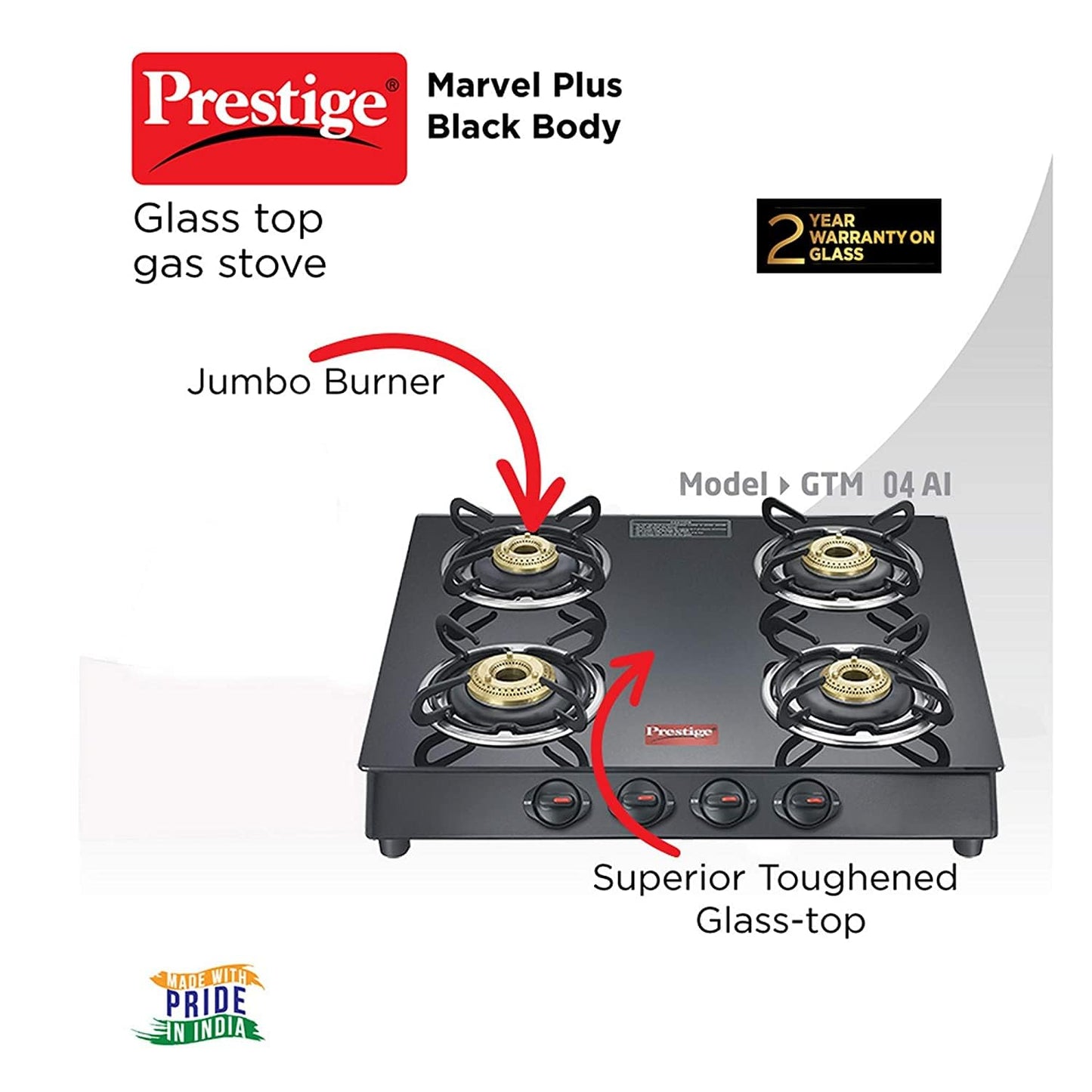 Prestige Marvel Plus 4 Burner Glass Top Gas Stove, GTM 04, Black, Manual