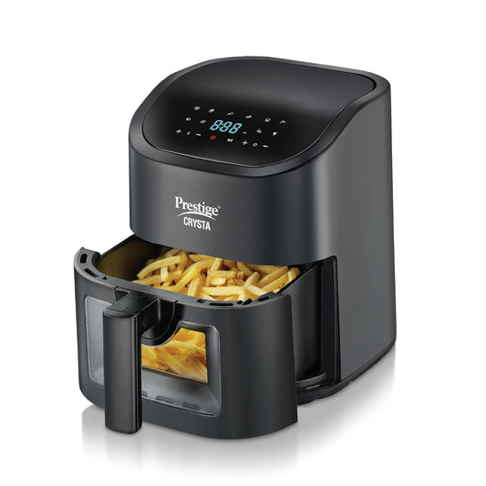 Prestige Crysta Electric Digital Airfryer 4.5L Basket, 1600W|Touch Panel with 9 Preset Menu|See-through Window with 25W Lamp|Food Grade Oil Brush|Time & Temperature control|Safety Interlocking|Black