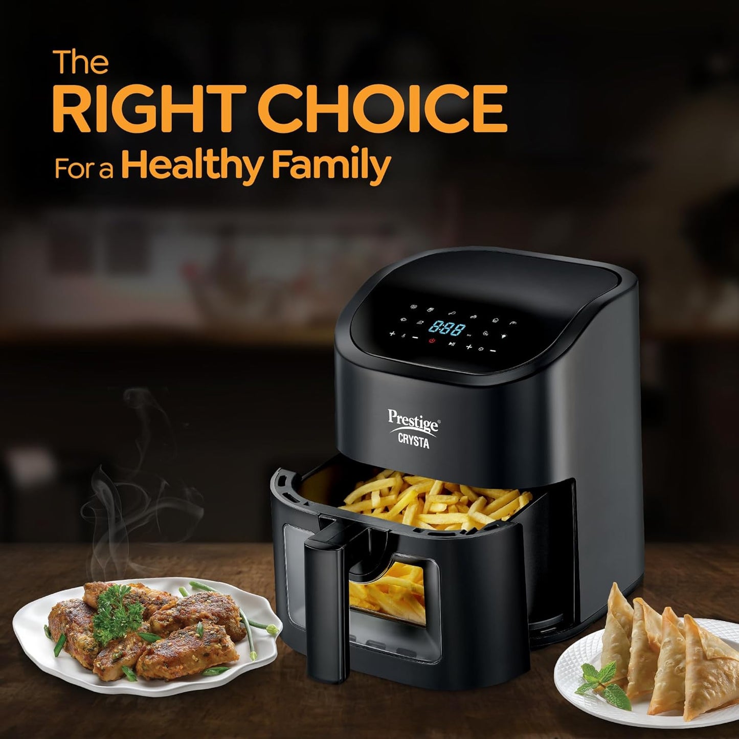 Prestige Crysta Electric Digital Airfryer 4.5L Basket, 1600W|Touch Panel with 9 Preset Menu|See-through Window with 25W Lamp|Food Grade Oil Brush|Time & Temperature control|Safety Interlocking|Black