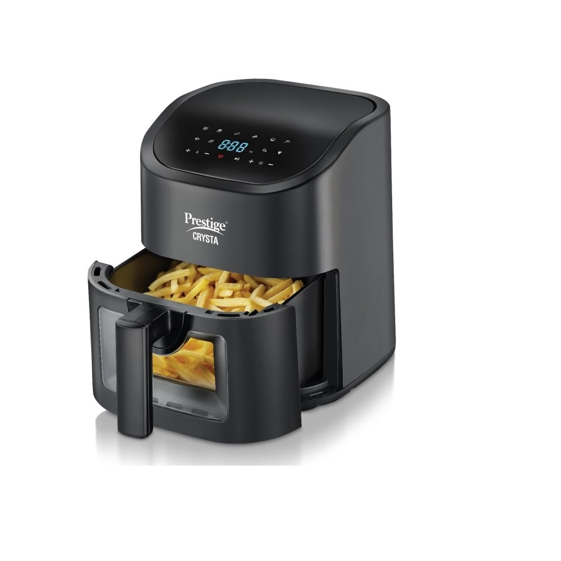 Prestige Crysta Electric Digital Airfryer 4.5L Basket, 1600W|Touch Panel with 9 Preset Menu|See-through Window with 25W Lamp|Food Grade Oil Brush|Time & Temperature control|Safety Interlocking|Black