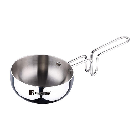 Bergner Argent TriPly 12 cm Tadka Pan with 500ml Capacity, For Spice Tempering/Seasoning, Stay Cool Long Handle, Multi-Layer Mirror Finish, Easy to Clean, Induction and Gas Stove Ready