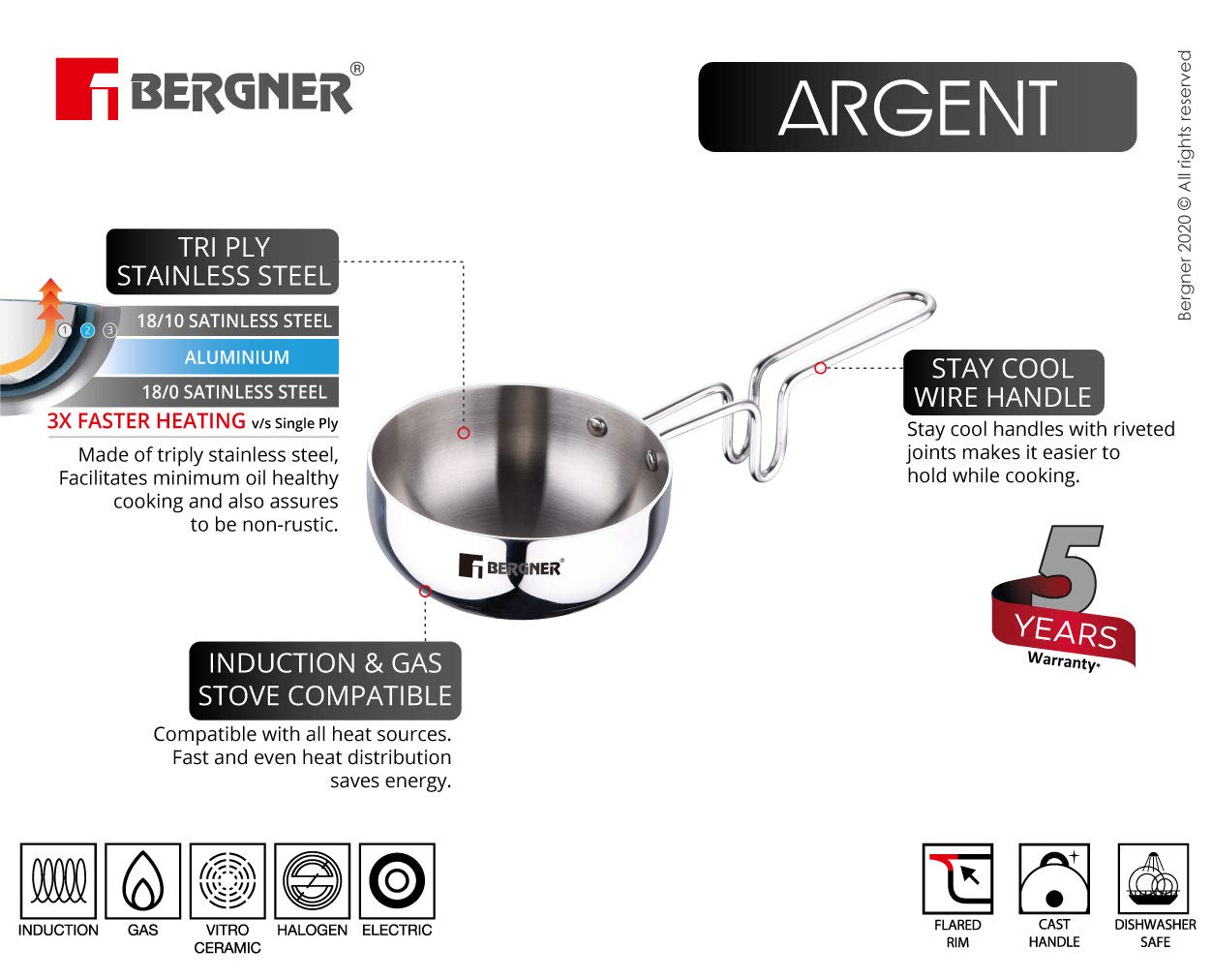 Bergner Argent TriPly 12 cm Tadka Pan with 500ml Capacity, For Spice Tempering/Seasoning, Stay Cool Long Handle, Multi-Layer Mirror Finish, Easy to Clean, Induction and Gas Stove Ready