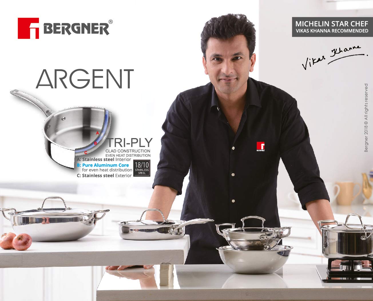 Bergner Argent TriPly 12 cm Tadka Pan with 500ml Capacity, For Spice Tempering/Seasoning, Stay Cool Long Handle, Multi-Layer Mirror Finish, Easy to Clean, Induction and Gas Stove Ready