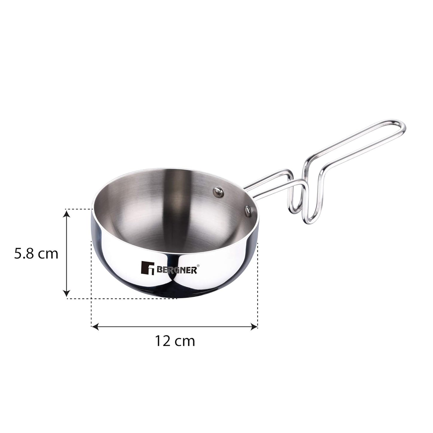 Bergner Argent TriPly 12 cm Tadka Pan with 500ml Capacity, For Spice Tempering/Seasoning, Stay Cool Long Handle, Multi-Layer Mirror Finish, Easy to Clean, Induction and Gas Stove Ready