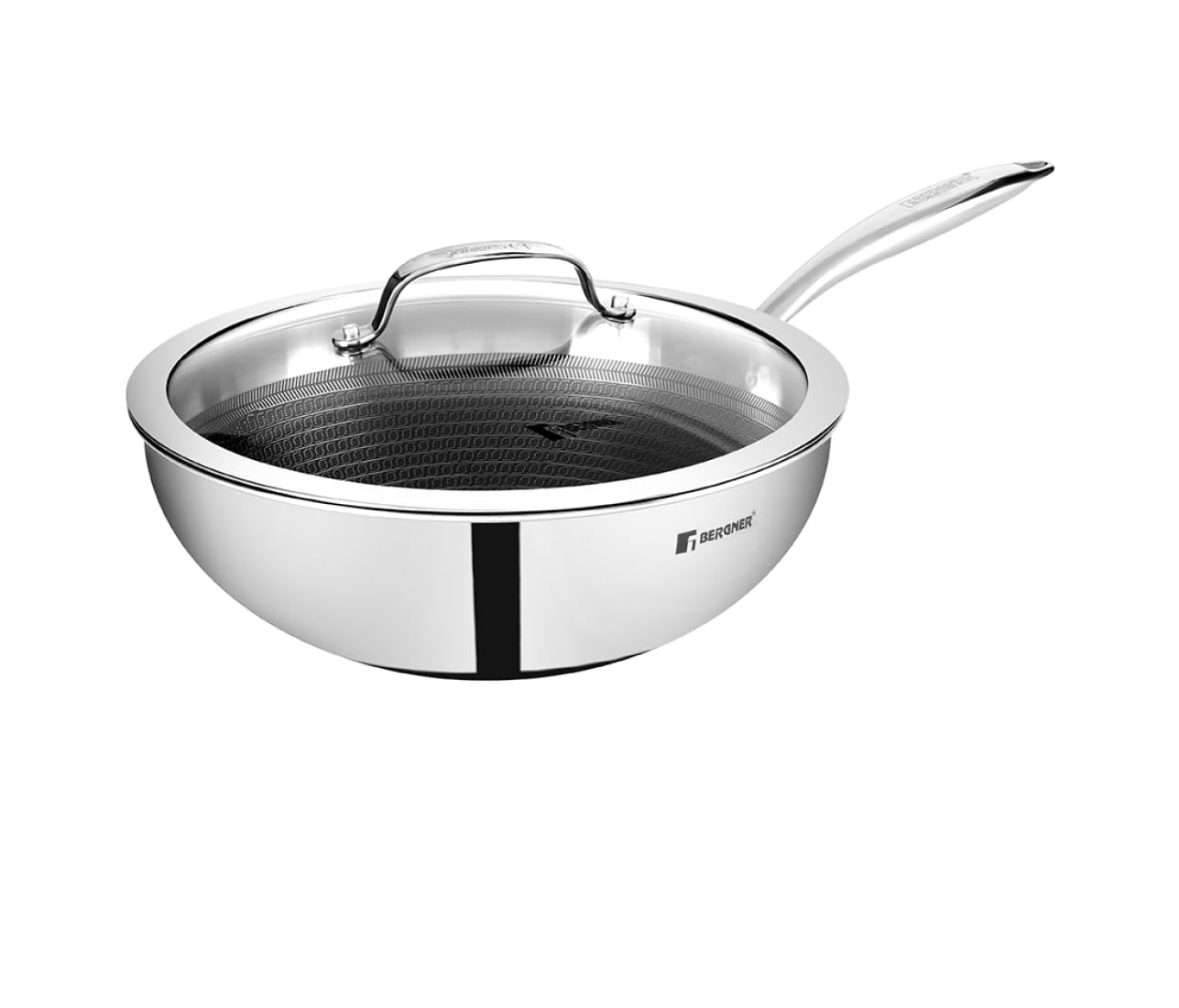 Bergner Hitech Triply Non-Stick Wok with Glass Lid, Wok with Non-Stick Mesh Pattern Inside, Rivetless Handles, Metal Spatula Friendly, Induction Bottom and Gas Stove Ready