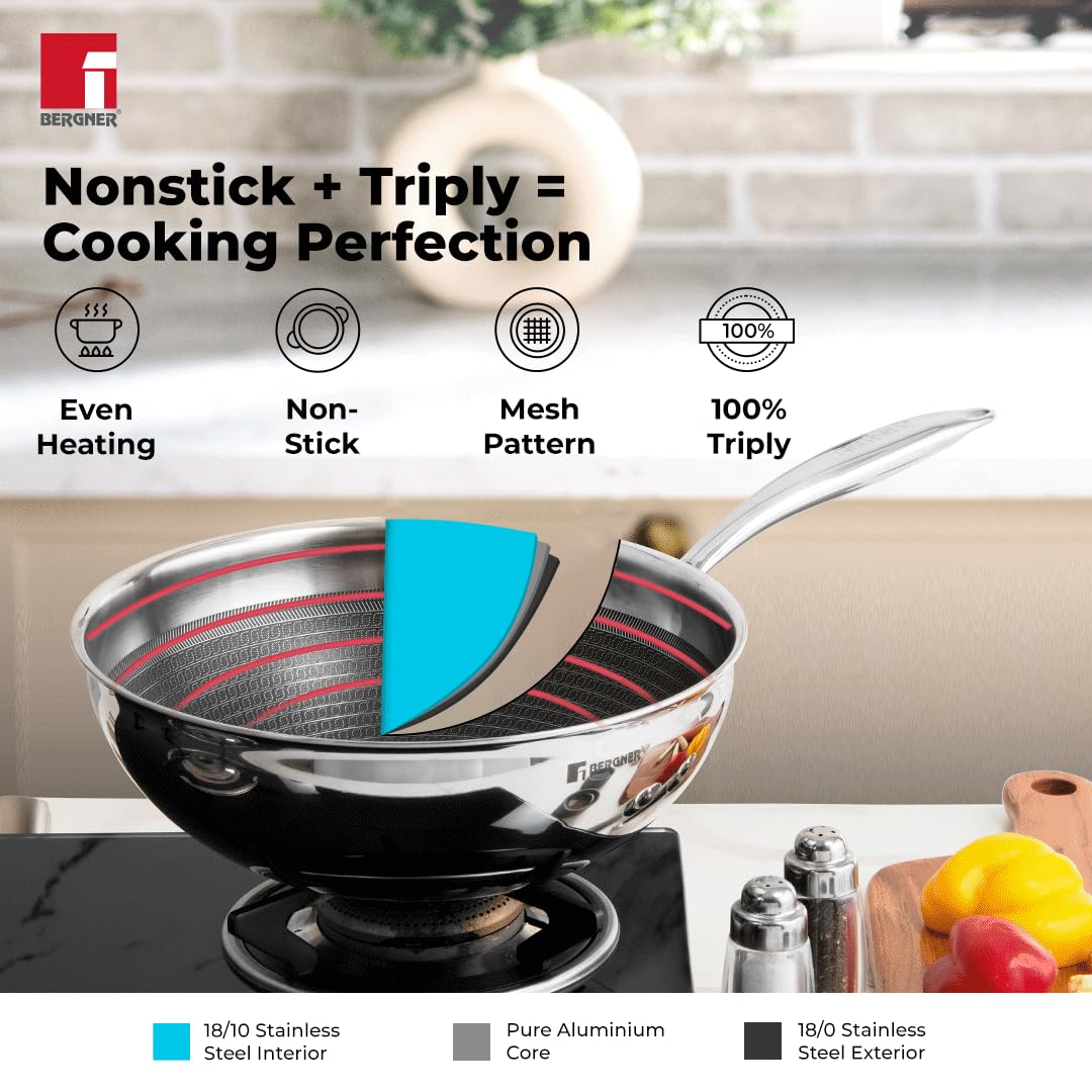 Bergner Hitech Triply Non-Stick Wok with Glass Lid, Wok with Non-Stick Mesh Pattern Inside, Rivetless Handles, Metal Spatula Friendly, Induction Bottom and Gas Stove Ready