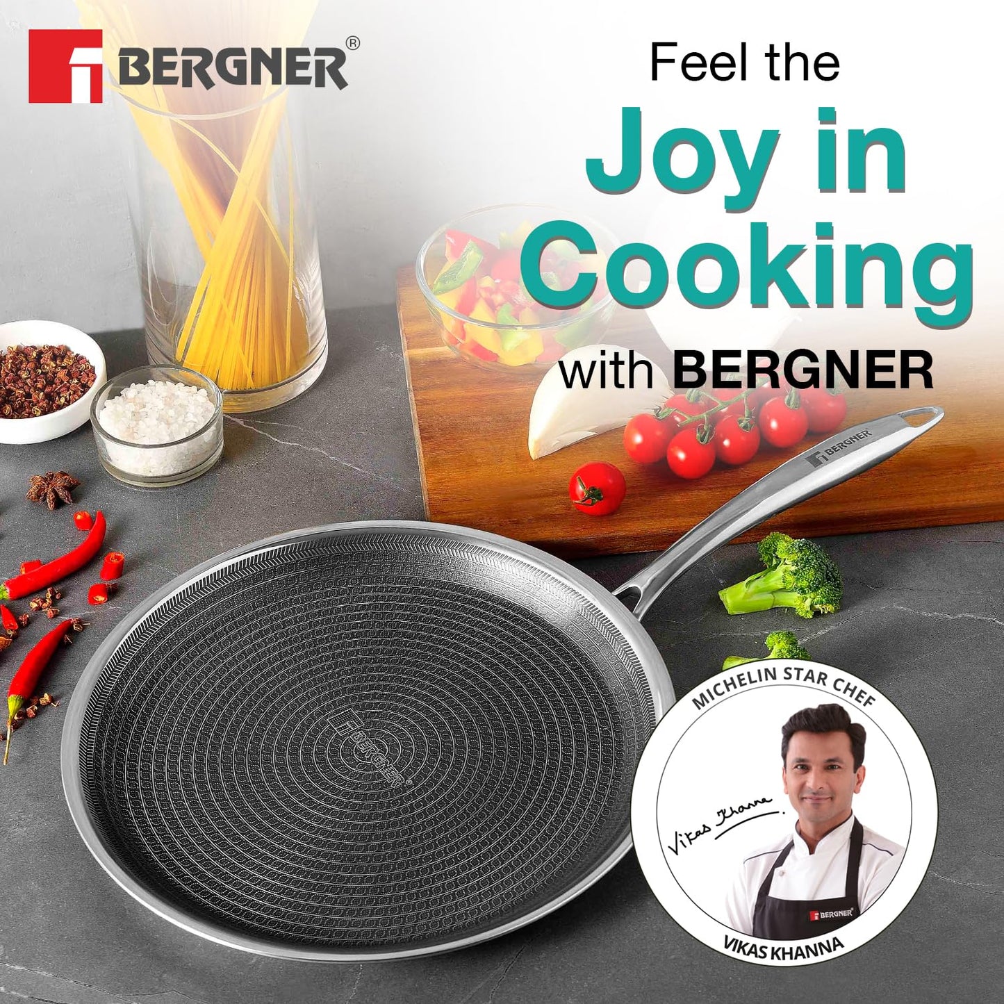 Bergner Hitech Triply Non-Stick Dosa Tawa, Tawa for Dosas with Non-Stick Mesh Pattern, Rivetless Handle, Metal Spatula Friendly, Even Heat Distribution, Induction Bottom and Gas Stove Ready