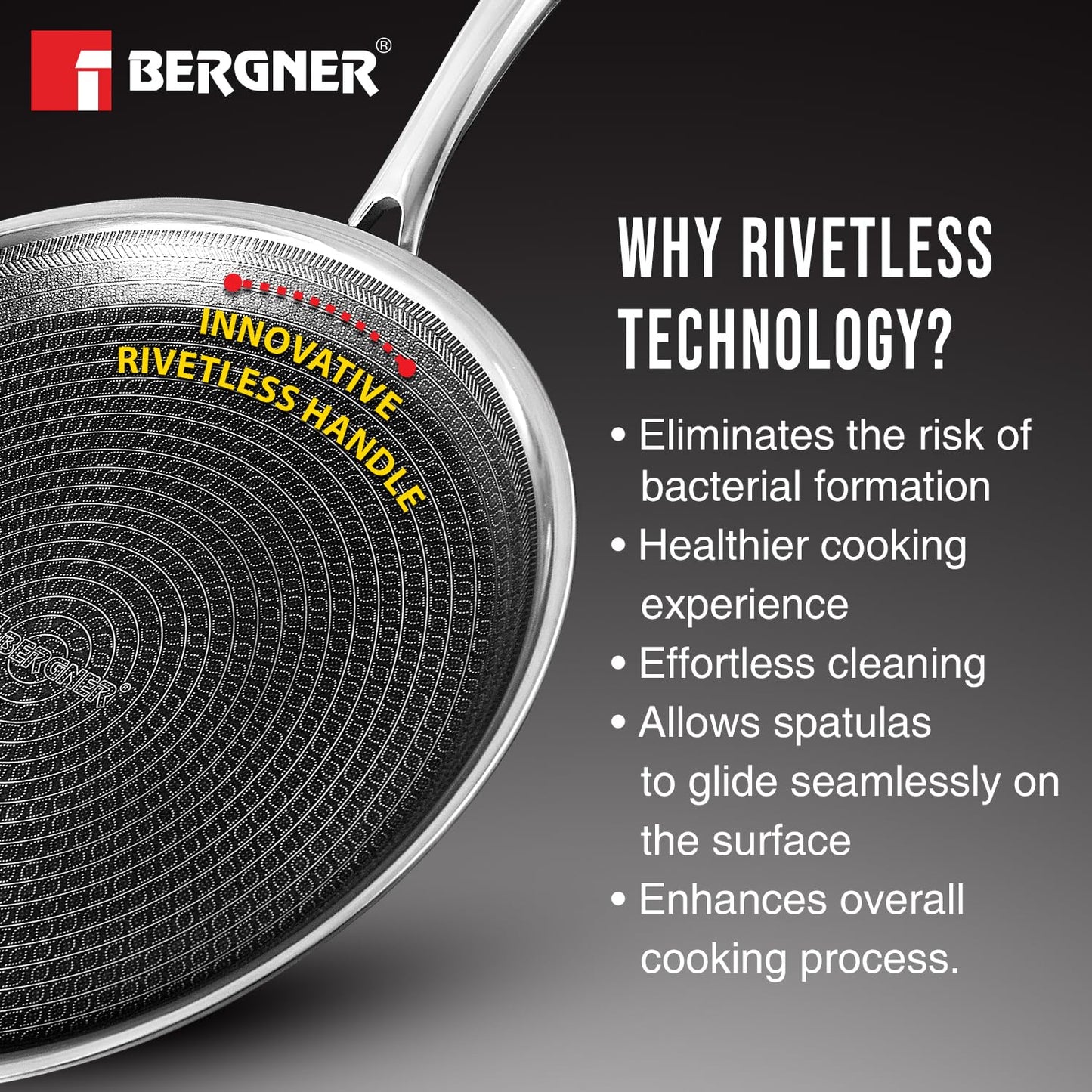 Bergner Hitech Triply Non-Stick Dosa Tawa, Tawa for Dosas with Non-Stick Mesh Pattern, Rivetless Handle, Metal Spatula Friendly, Even Heat Distribution, Induction Bottom and Gas Stove Ready