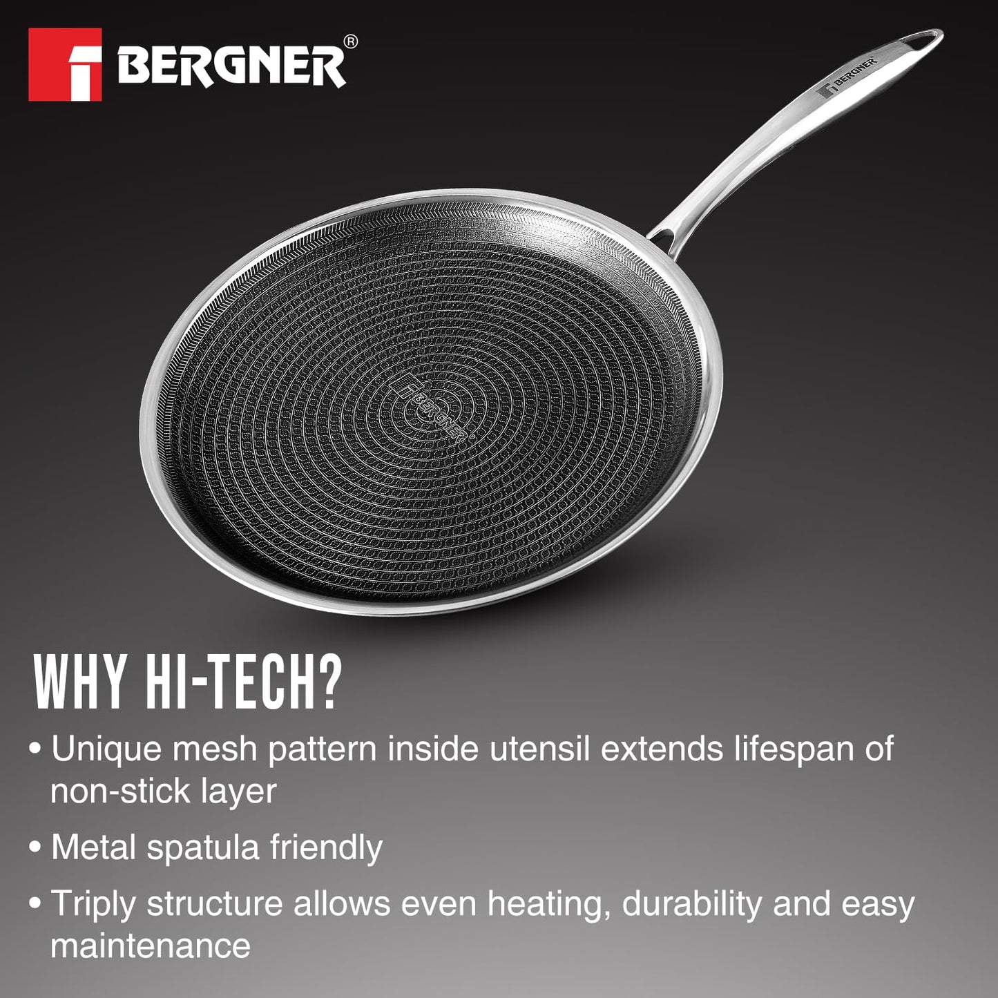 Bergner Hitech Triply Non-Stick Dosa Tawa, Tawa for Dosas with Non-Stick Mesh Pattern, Rivetless Handle, Metal Spatula Friendly, Even Heat Distribution, Induction Bottom and Gas Stove Ready