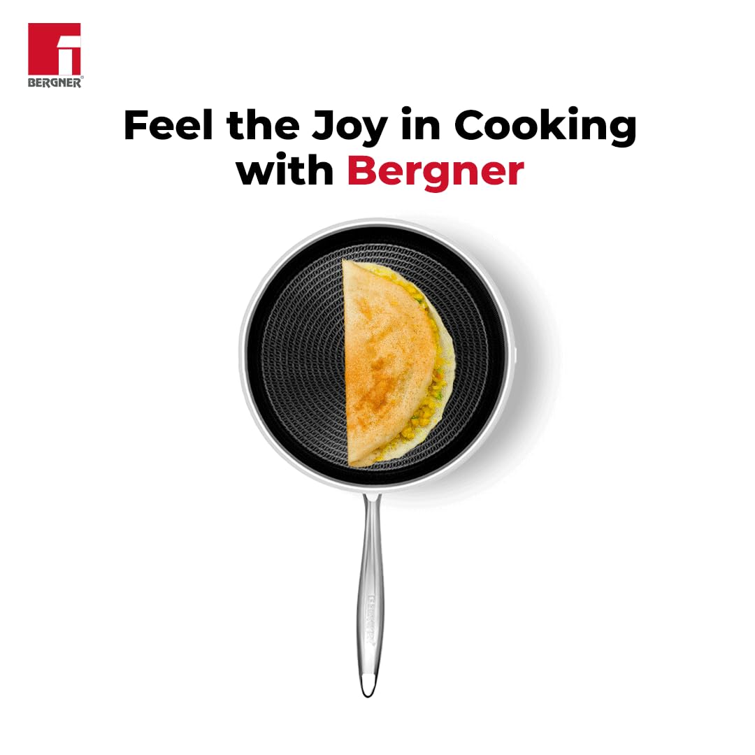 Bergner Hitech Triply Non-Stick Dosa Tawa, Tawa for Dosas with Non-Stick Mesh Pattern, Rivetless Handle, Metal Spatula Friendly, Even Heat Distribution, Induction Bottom and Gas Stove Ready