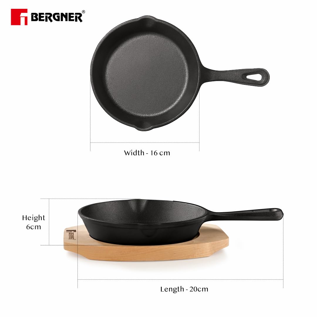 BERGNER Cook & Share 15cm Cast Iron Mini Frypan, Pre-Seasoned Cast Iron, Cook/Serve, for Browning/Caramelizing/Frying/Toasting/Serve/Share, Wooden Tray, Less Oil Cooking, Induction & Gas Stove Ready