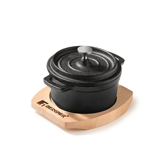 BERGNER Cook & Share 10cm Cast Iron Mini Casserole with Lid, Pre-Seasoned Cast Iron, Cook/Serve, for Dum Biryani/Pulao/Serve/Share, with Wooden Tray, Less Oil Cooking, Induction & Gas Stove Ready