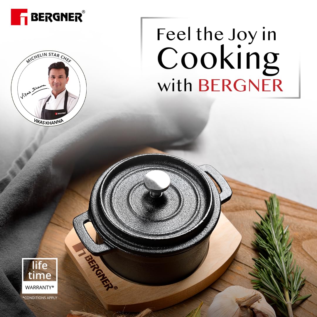 BERGNER Cook & Share 10cm Cast Iron Mini Casserole with Lid, Pre-Seasoned Cast Iron, Cook/Serve, for Dum Biryani/Pulao/Serve/Share, with Wooden Tray, Less Oil Cooking, Induction & Gas Stove Ready