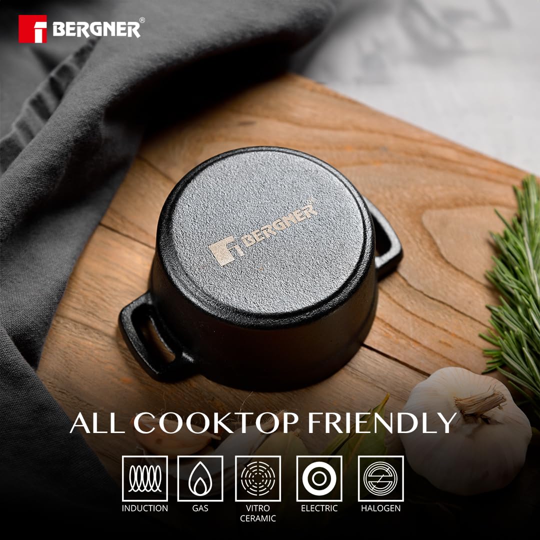 BERGNER Cook & Share 10cm Cast Iron Mini Casserole with Lid, Pre-Seasoned Cast Iron, Cook/Serve, for Dum Biryani/Pulao/Serve/Share, with Wooden Tray, Less Oil Cooking, Induction & Gas Stove Ready