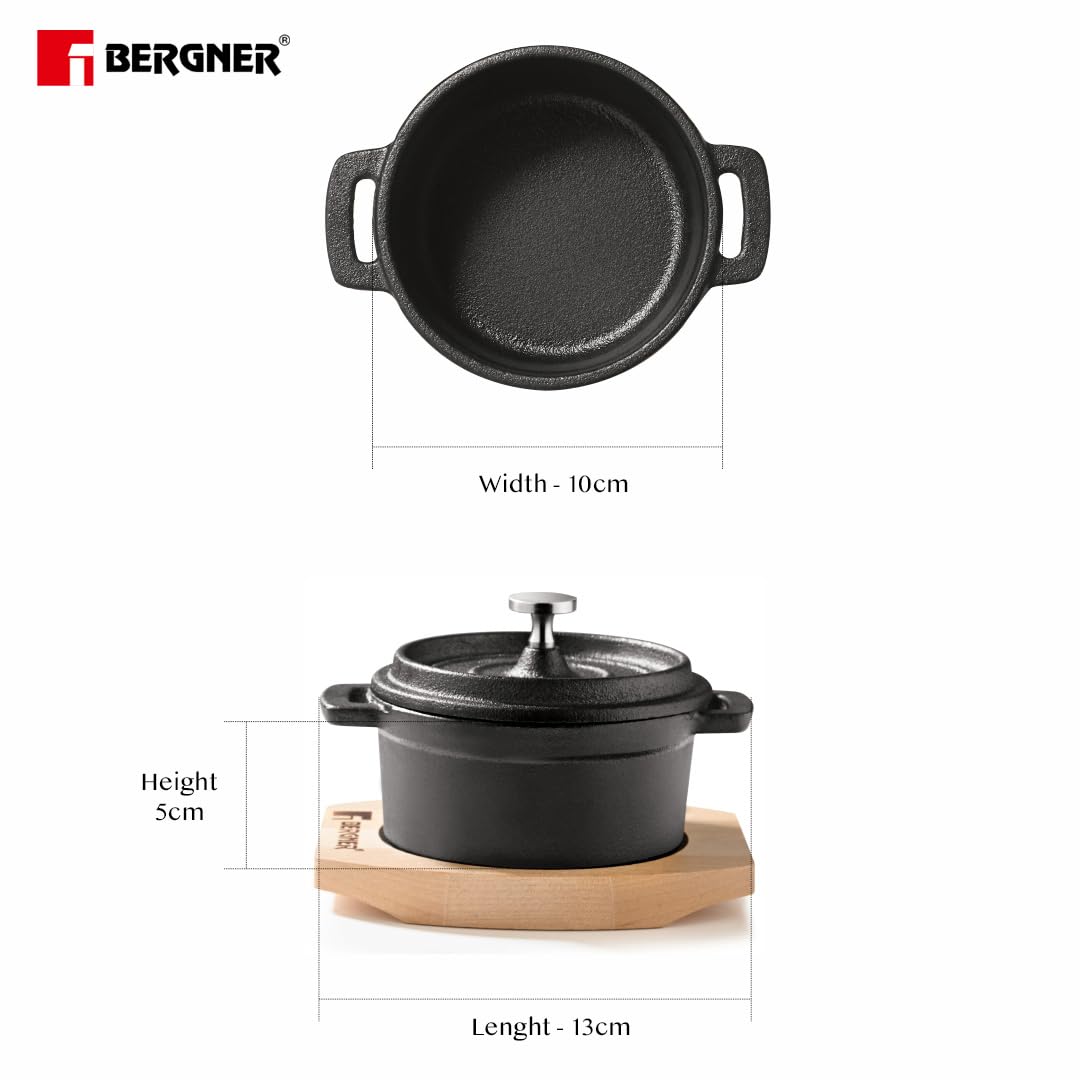 BERGNER Cook & Share 10cm Cast Iron Mini Casserole with Lid, Pre-Seasoned Cast Iron, Cook/Serve, for Dum Biryani/Pulao/Serve/Share, with Wooden Tray, Less Oil Cooking, Induction & Gas Stove Ready