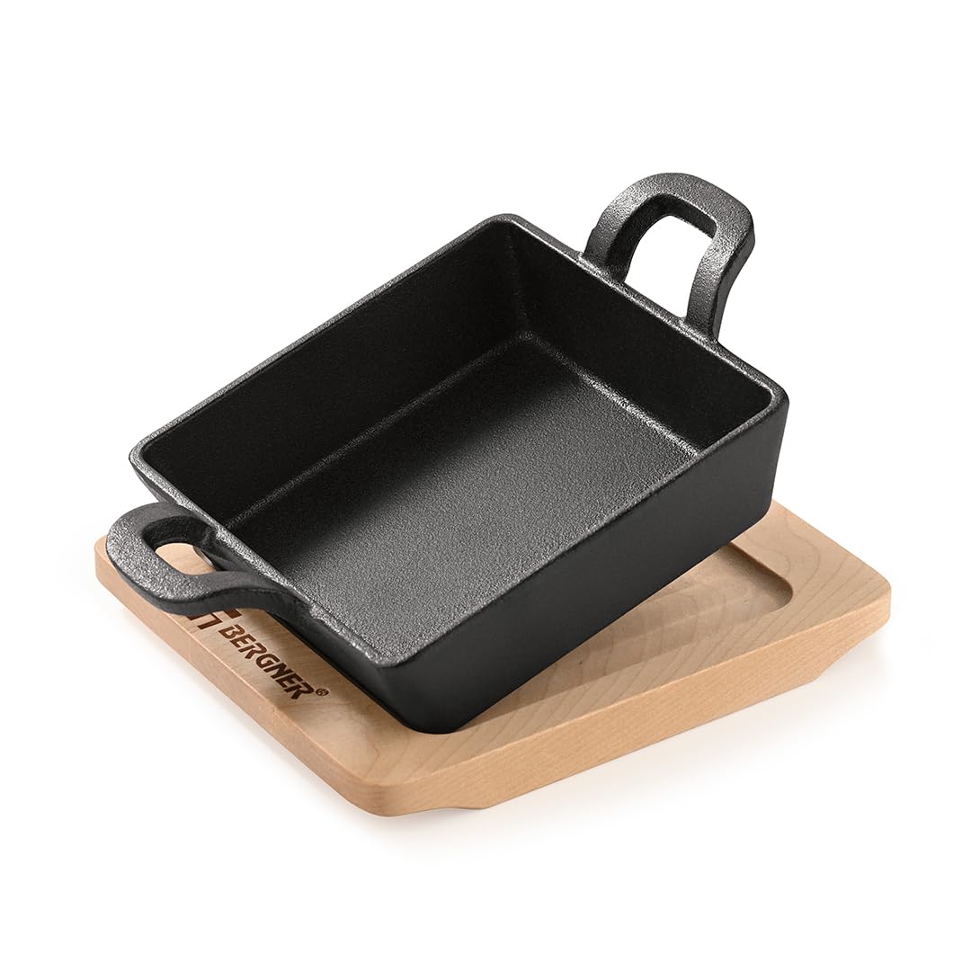 Bergner Cook & Share 12cm Cast Iron Mini Pan, Baking/Sizzler, Pre-Seasoned Cast Iron, Cook/Serve, For Roast/Bake/Caramelize/Serve/Share, With Wooden Tray, Less Oil Cooking, Induction & Gas Stove Ready