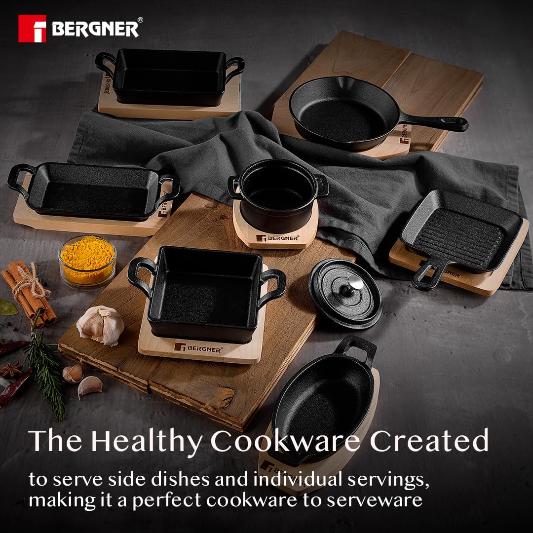 Bergner Cook & Share 12cm Cast Iron Mini Pan, Baking/Sizzler, Pre-Seasoned Cast Iron, Cook/Serve, For Roast/Bake/Caramelize/Serve/Share, With Wooden Tray, Less Oil Cooking, Induction & Gas Stove Ready