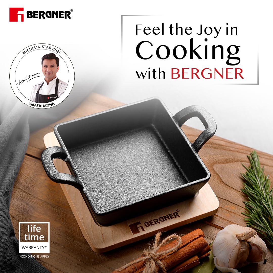 Bergner Cook & Share 12cm Cast Iron Mini Pan, Baking/Sizzler, Pre-Seasoned Cast Iron, Cook/Serve, For Roast/Bake/Caramelize/Serve/Share, With Wooden Tray, Less Oil Cooking, Induction & Gas Stove Ready