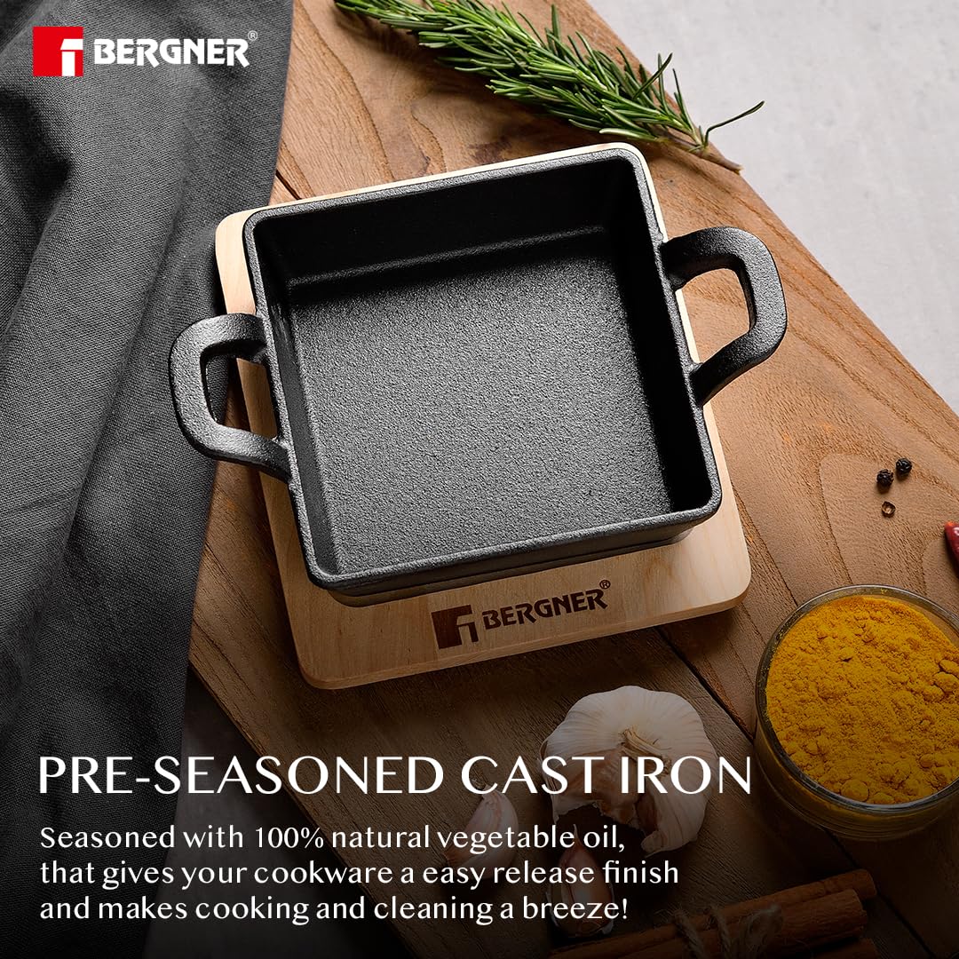 Bergner Cook & Share 12cm Cast Iron Mini Pan, Baking/Sizzler, Pre-Seasoned Cast Iron, Cook/Serve, For Roast/Bake/Caramelize/Serve/Share, With Wooden Tray, Less Oil Cooking, Induction & Gas Stove Ready