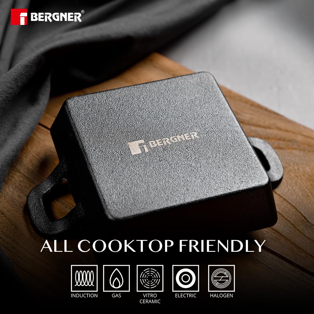 Bergner Cook & Share 12cm Cast Iron Mini Pan, Baking/Sizzler, Pre-Seasoned Cast Iron, Cook/Serve, For Roast/Bake/Caramelize/Serve/Share, With Wooden Tray, Less Oil Cooking, Induction & Gas Stove Ready