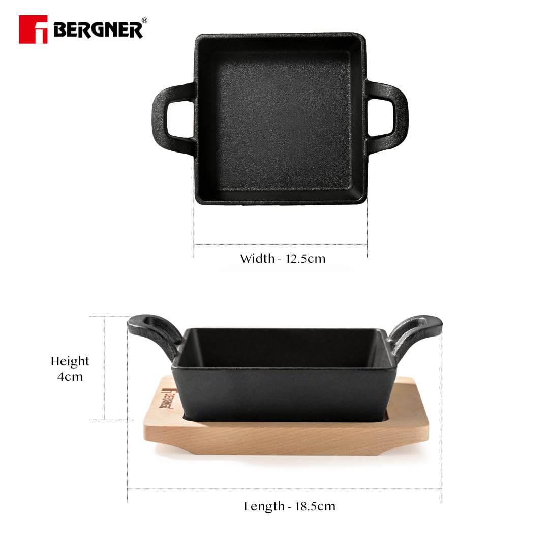 Bergner Cook & Share 12cm Cast Iron Mini Pan, Baking/Sizzler, Pre-Seasoned Cast Iron, Cook/Serve, For Roast/Bake/Caramelize/Serve/Share, With Wooden Tray, Less Oil Cooking, Induction & Gas Stove Ready