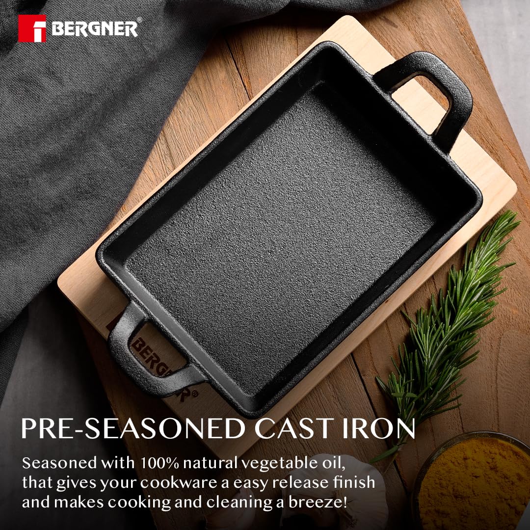 BERGNER Cook & Share 16 cm Cast Iron Mini Pan, Baking/Sizzler, Pre-Seasoned Cast Iron, for Roast/Bake/Caramelize/Serve/Share, with Wooden Tray, Less Oil Cooking, Induction Bottom and Gas Stove Ready