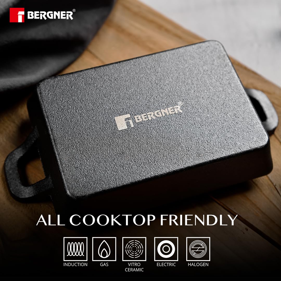 BERGNER Cook & Share 16 cm Cast Iron Mini Pan, Baking/Sizzler, Pre-Seasoned Cast Iron, for Roast/Bake/Caramelize/Serve/Share, with Wooden Tray, Less Oil Cooking, Induction Bottom and Gas Stove Ready