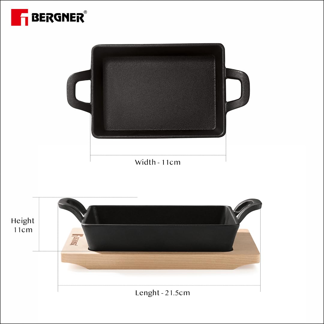 BERGNER Cook & Share 16 cm Cast Iron Mini Pan, Baking/Sizzler, Pre-Seasoned Cast Iron, for Roast/Bake/Caramelize/Serve/Share, with Wooden Tray, Less Oil Cooking, Induction Bottom and Gas Stove Ready