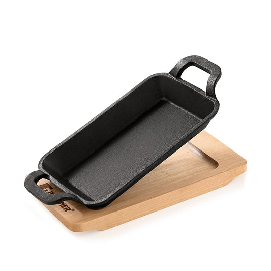 Bergner Cook & Share 16cm Cast Iron Mini Pan, Baking/Sizzler, Pre-Seasoned Cast Iron, Cook/Serve, For Roast/Bake/Caramelize/Serve/Share, With Wooden Tray, Less Oil Cooking, Induction & Gas