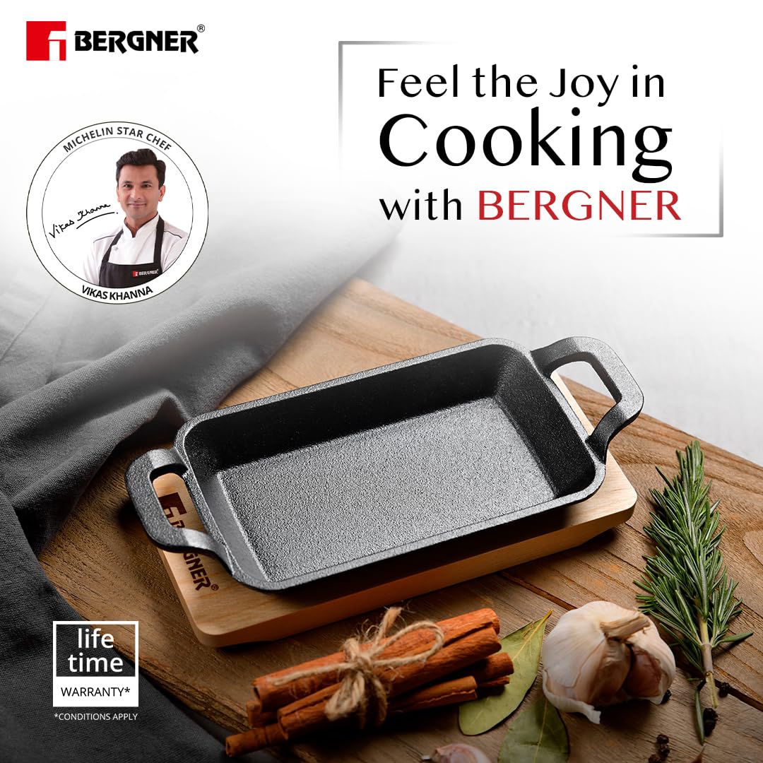 Bergner Cook & Share 16cm Cast Iron Mini Pan, Baking/Sizzler, Pre-Seasoned Cast Iron, Cook/Serve, For Roast/Bake/Caramelize/Serve/Share, With Wooden Tray, Less Oil Cooking, Induction & Gas