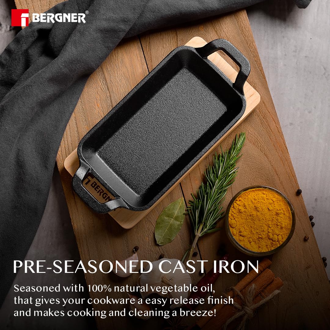 Bergner Cook & Share 16cm Cast Iron Mini Pan, Baking/Sizzler, Pre-Seasoned Cast Iron, Cook/Serve, For Roast/Bake/Caramelize/Serve/Share, With Wooden Tray, Less Oil Cooking, Induction & Gas