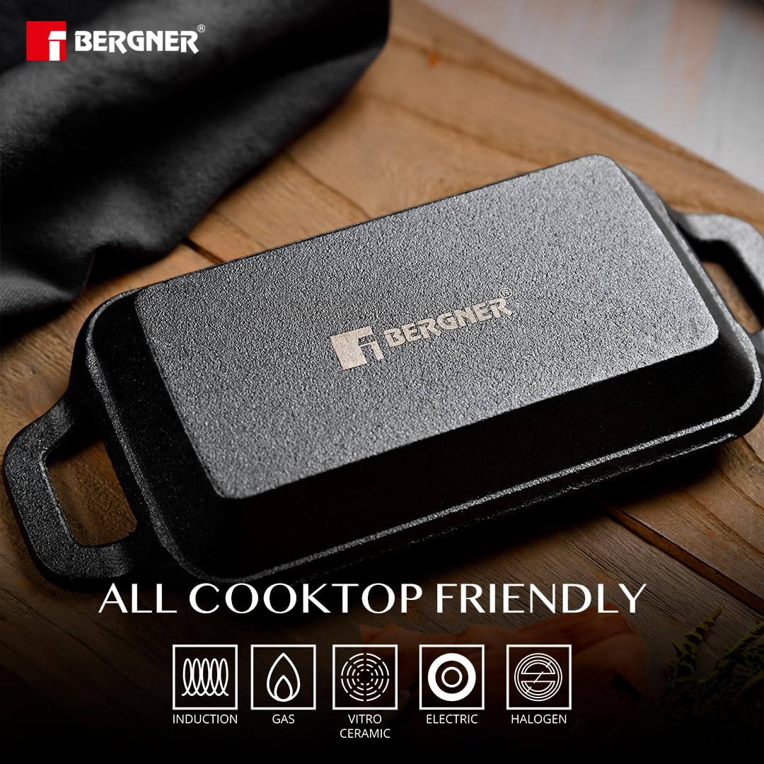 Bergner Cook & Share 16cm Cast Iron Mini Pan, Baking/Sizzler, Pre-Seasoned Cast Iron, Cook/Serve, For Roast/Bake/Caramelize/Serve/Share, With Wooden Tray, Less Oil Cooking, Induction & Gas