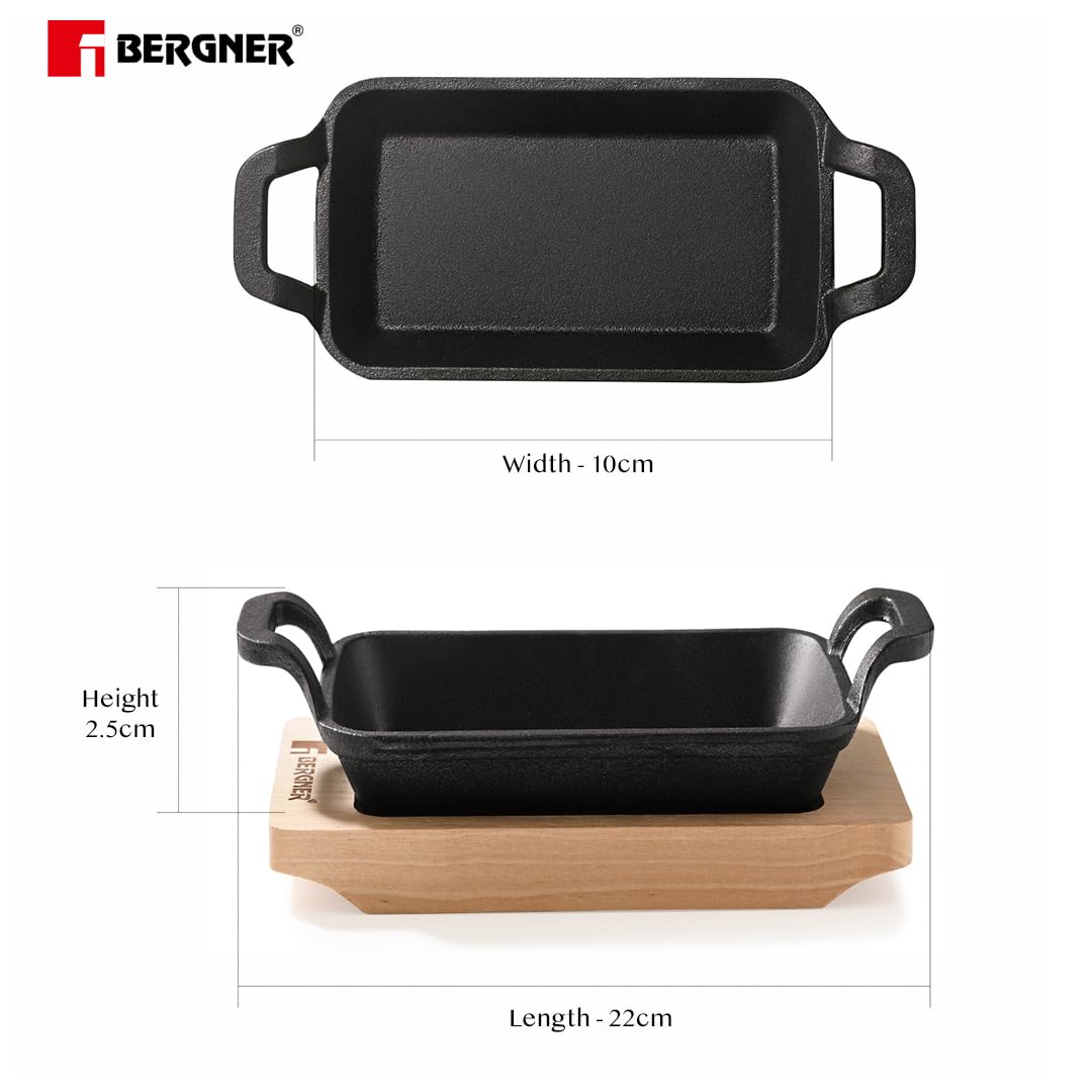 Bergner Cook & Share 16cm Cast Iron Mini Pan, Baking/Sizzler, Pre-Seasoned Cast Iron, Cook/Serve, For Roast/Bake/Caramelize/Serve/Share, With Wooden Tray, Less Oil Cooking, Induction & Gas