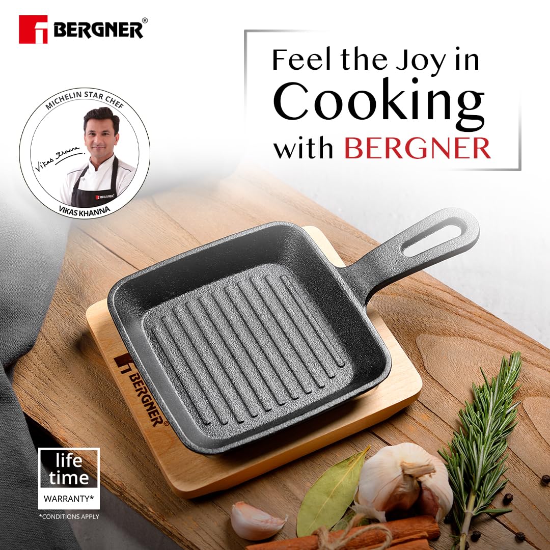 BERGNER Cook & Share 13cm Griddle Pan/Mini Grill Pan, Pre-Seasoned Cast Iron, for Tikkas/Kebabs/French Toast/Sandwiches/Babeque, with Wooden Tray, Less Oil Cooking, Induction and Gas Stove Ready