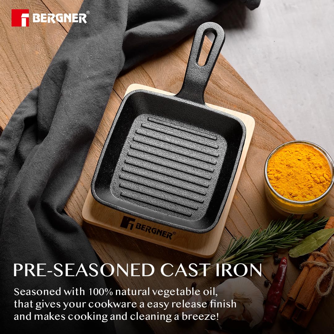 BERGNER Cook & Share 13cm Griddle Pan/Mini Grill Pan, Pre-Seasoned Cast Iron, for Tikkas/Kebabs/French Toast/Sandwiches/Babeque, with Wooden Tray, Less Oil Cooking, Induction and Gas Stove Ready