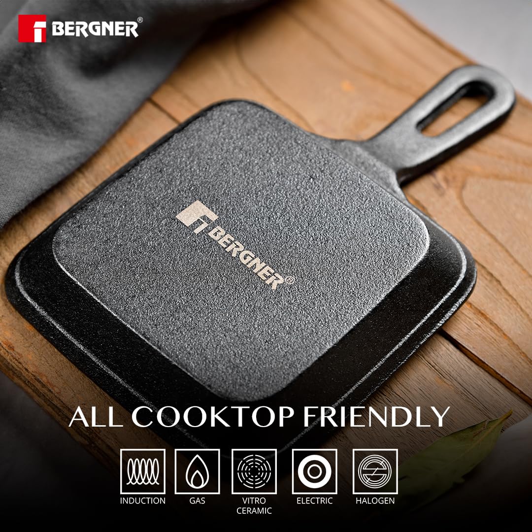 BERGNER Cook & Share 13cm Griddle Pan/Mini Grill Pan, Pre-Seasoned Cast Iron, for Tikkas/Kebabs/French Toast/Sandwiches/Babeque, with Wooden Tray, Less Oil Cooking, Induction and Gas Stove Ready