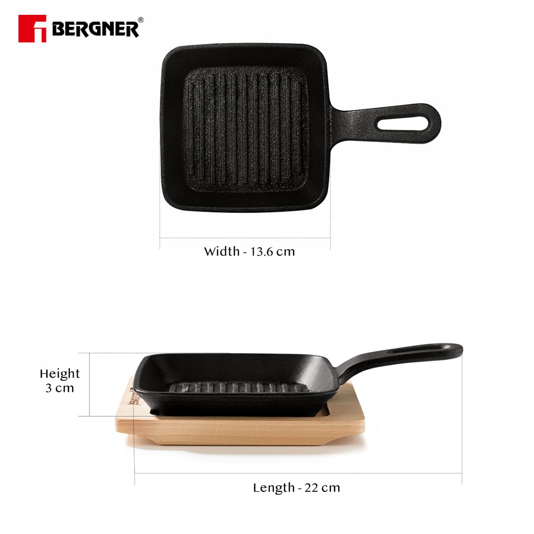 BERGNER Cook & Share 13cm Griddle Pan/Mini Grill Pan, Pre-Seasoned Cast Iron, for Tikkas/Kebabs/French Toast/Sandwiches/Babeque, with Wooden Tray, Less Oil Cooking, Induction and Gas Stove Ready