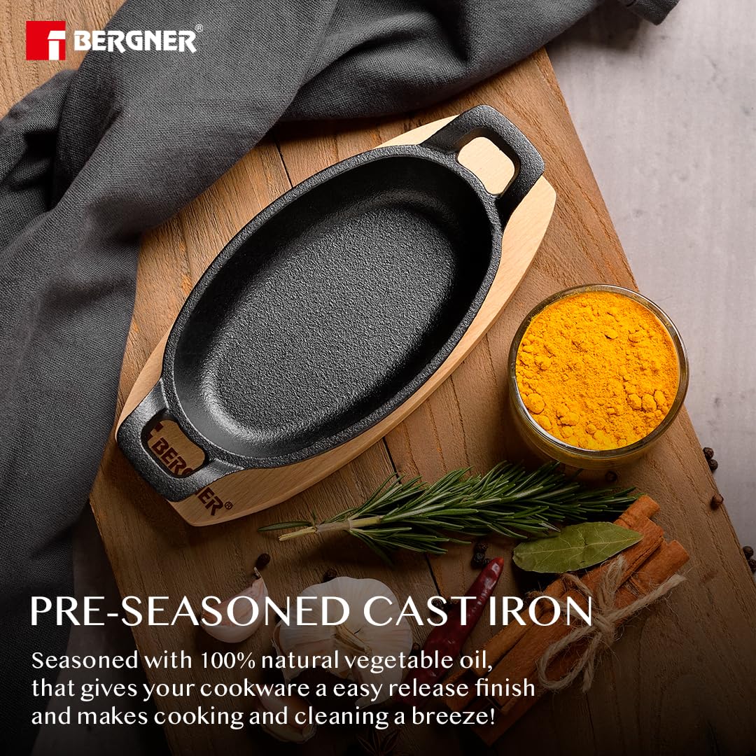 BERGNER Cook & Share 15 cm Cast Iron Mini Pan Oval, Baking/Sizzler, Pre-Seasoned Cast Iron, Cook/Serve, for Roast/Bake/Caramelize/Serve/Share, with Wooden Tray, Induction Bottom and Gas Stove Ready