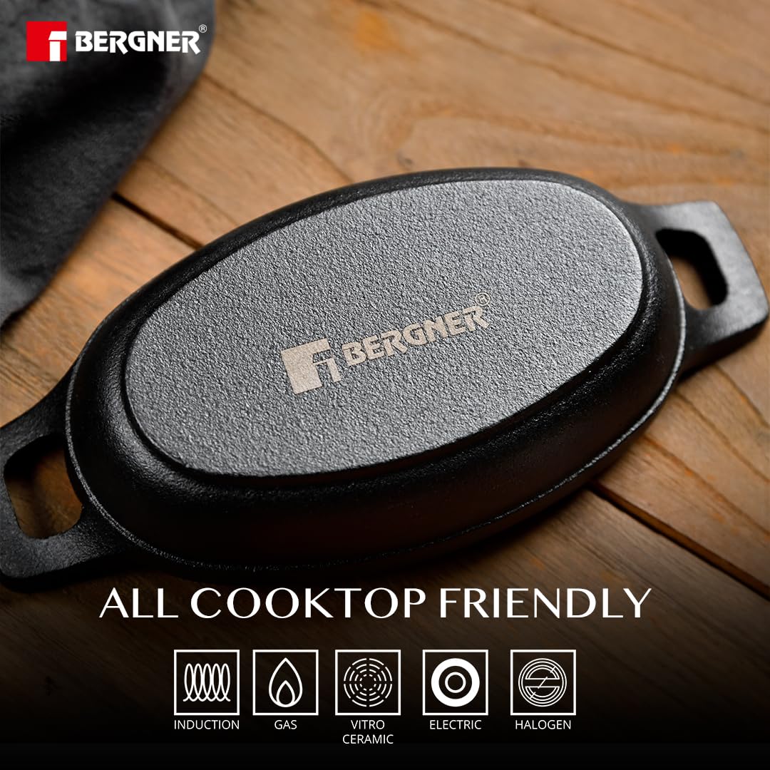 BERGNER Cook & Share 15 cm Cast Iron Mini Pan Oval, Baking/Sizzler, Pre-Seasoned Cast Iron, Cook/Serve, for Roast/Bake/Caramelize/Serve/Share, with Wooden Tray, Induction Bottom and Gas Stove Ready