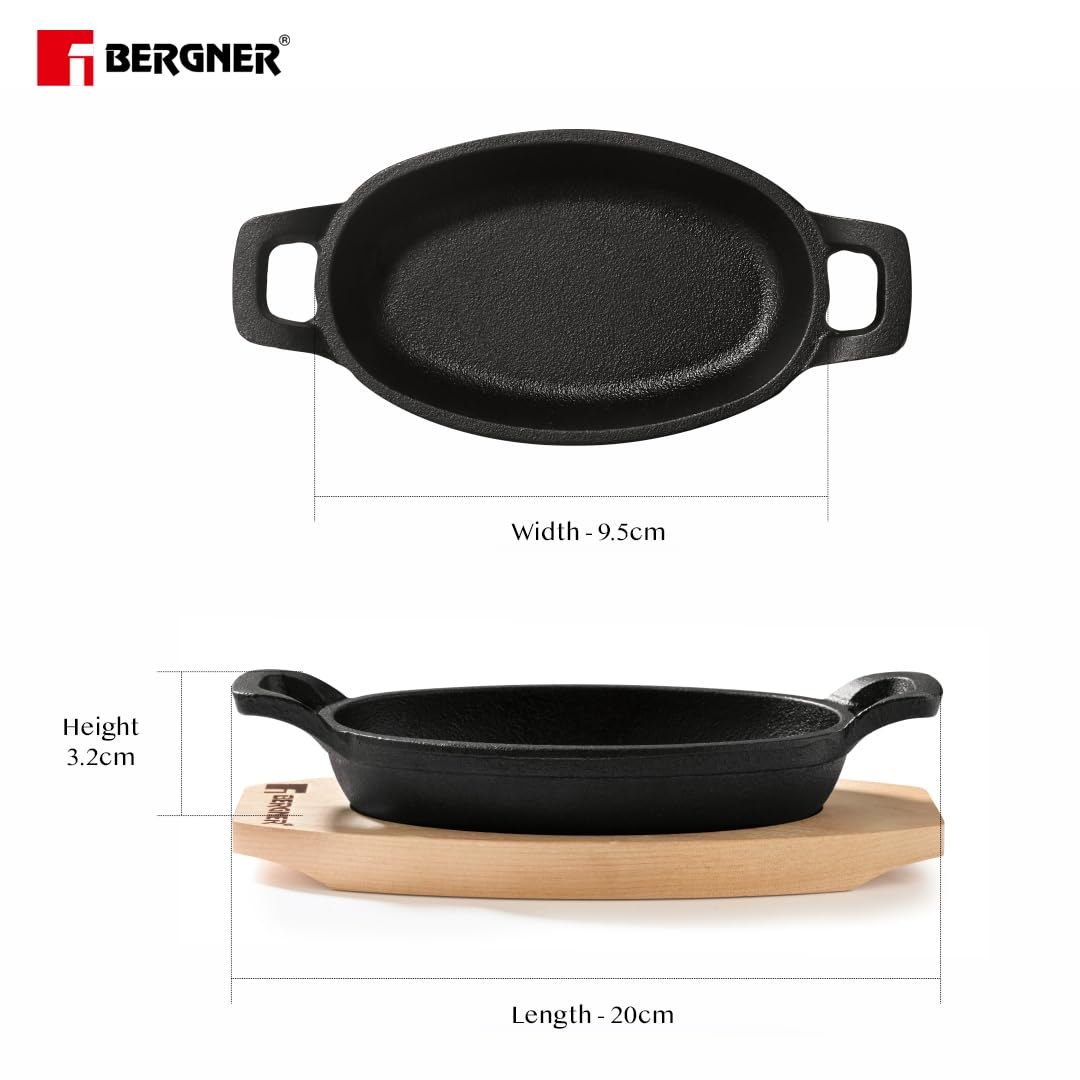 BERGNER Cook & Share 15 cm Cast Iron Mini Pan Oval, Baking/Sizzler, Pre-Seasoned Cast Iron, Cook/Serve, for Roast/Bake/Caramelize/Serve/Share, with Wooden Tray, Induction Bottom and Gas Stove Ready